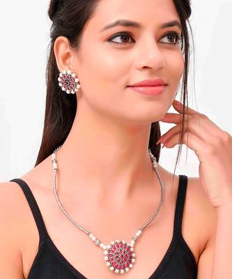 Silver Plated Red & Pearl Beaded Necklace Set 1