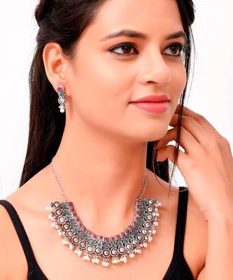 Silver Plated Oxidized Pearl Beaded Necklace Set 1