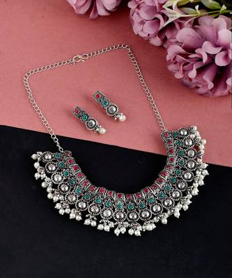 Silver Plated Oxidized Pearl Beaded Necklace Set 2