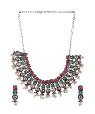 Silver Plated Oxidized Pearl Beaded Necklace Set 3