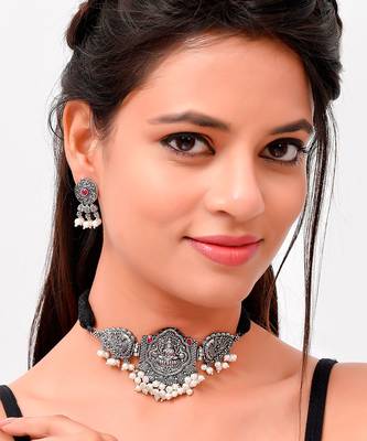 Silver Plated Oxidized Thread Necklace Set 1
