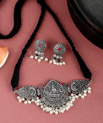 Silver Plated Oxidized Thread Necklace Set 2