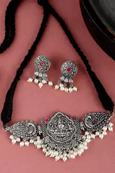 Silver Plated Oxidized Thread Necklace Set