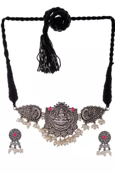 Silver Plated Oxidized Thread Necklace Set