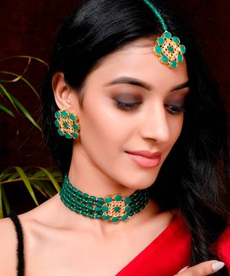 Gold Plated & Green Beaded Choker Necklace Set With Maang Tikka 1