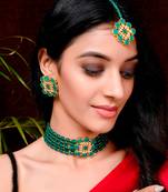 Gold Plated & Green Beaded Choker Necklace Set With Maang Tikka