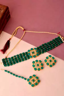 Gold Plated & Green Beaded Choker Necklace Set With Maang Tikka
