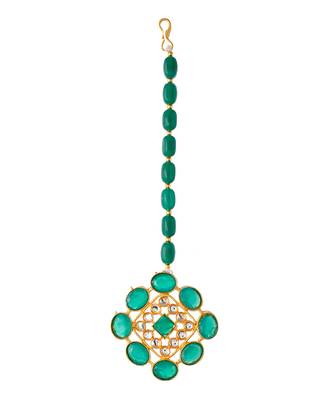Gold Plated & Green Beaded Choker Necklace Set With Maang Tikka 3