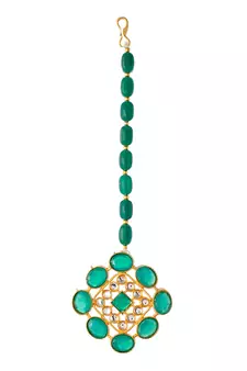 Gold Plated & Green Beaded Choker Necklace Set With Maang Tikka