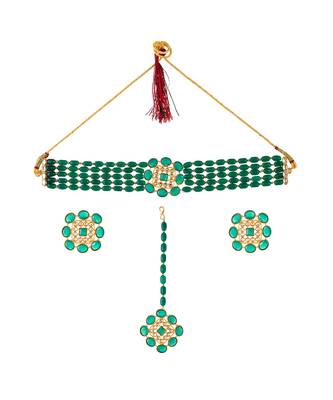 Gold Plated & Green Beaded Choker Necklace Set With Maang Tikka 5