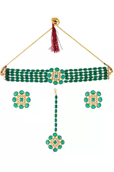 Gold Plated & Green Beaded Choker Necklace Set With Maang Tikka