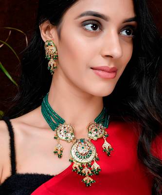 Gold Plated & Green Beaded Traditonal Necklace Set 1