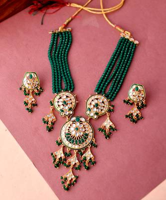 Gold Plated & Green Beaded Traditonal Necklace Set 2