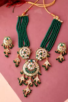 Gold Plated & Green Beaded Traditonal Necklace Set