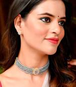 Gold Plated Grey Beaded Choker Necklace Set