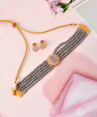 Gold Plated Grey Beaded Choker Necklace Set 2