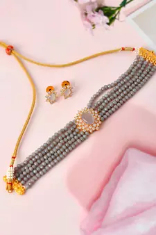 Gold Plated Grey Beaded Choker Necklace Set