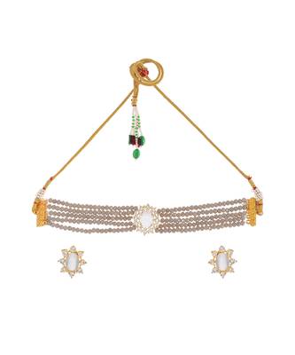 Gold Plated Grey Beaded Choker Necklace Set 3
