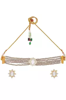 Gold Plated Grey Beaded Choker Necklace Set