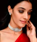 Silver Plated Pearl Beaded Ad Studded Choker Necklace Set