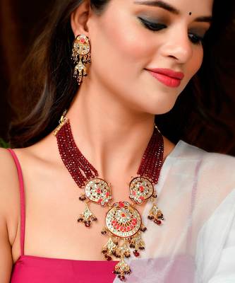 Gold Plated & Red Beaded Traditonal Necklace Set 1