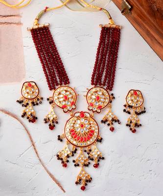 Gold Plated & Red Beaded Traditonal Necklace Set 4