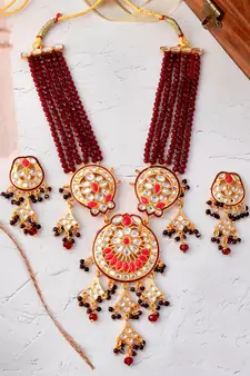 Gold Plated & Red Beaded Traditonal Necklace Set