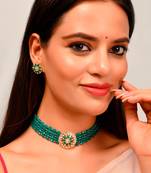 Women Gold Plated Green Beaded Choker Necklace Set
