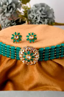 Women Gold Plated Green Beaded Choker Necklace Set