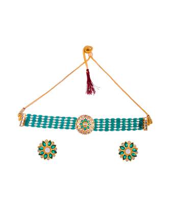 Women Gold Plated Green Beaded Choker Necklace Set 3