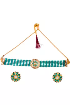 Women Gold Plated Green Beaded Choker Necklace Set