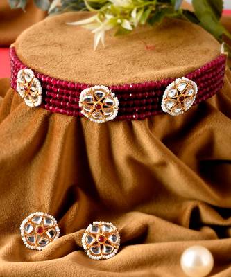 Women Gold Plated Kundan Studded Red Beaded Choker Necklace Set 1