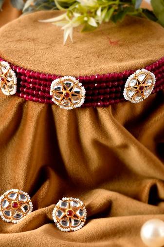 Women Gold Plated Kundan Studded Red Beaded Choker Necklace Set