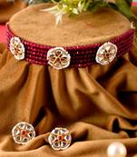 Women Gold Plated Kundan Studded Red Beaded Choker Necklace Set