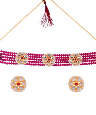 Women Gold Plated Kundan Studded Red Beaded Choker Necklace Set 2