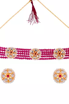 Women Gold Plated Kundan Studded Red Beaded Choker Necklace Set