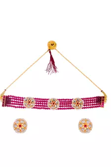 Women Gold Plated Kundan Studded Red Beaded Choker Necklace Set