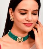 Women Gold Plated Green Beaded Choker Necklace Set