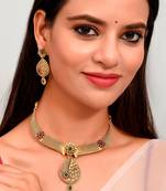 Gold Plated Red & Green Stone Studded Temple Necklace Set