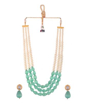 Gold Plated Green & Pearl Beaded Layered Long Necklace Set 2