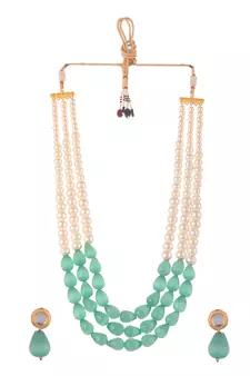 Gold Plated Green & Pearl Beaded Layered Long Necklace Set