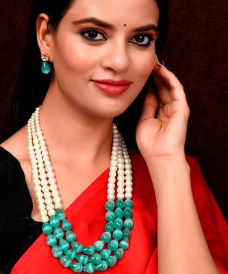 Gold Plated Green & Pearl Beaded Layered Long Necklace Set 1