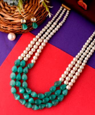 Gold Plated Green & Pearl Beaded Layered Long Necklace Set 4