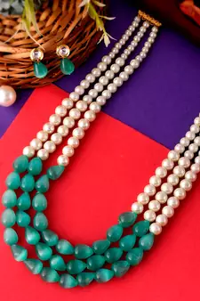 Gold Plated Green & Pearl Beaded Layered Long Necklace Set