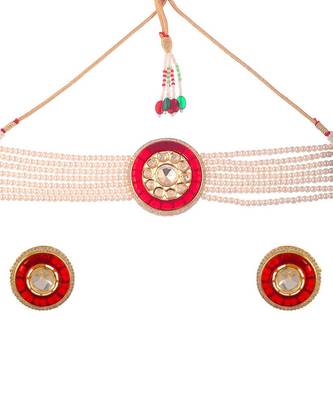 Gold Plated Red & White Kundan Stone Studded Choker Necklace Set 2