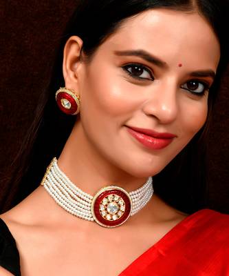 Gold Plated Red & White Kundan Stone Studded Choker Necklace Set 1
