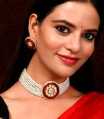 Gold Plated Red & White Kundan Stone Studded Choker Necklace Set