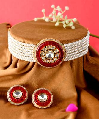 Gold Plated Red & White Kundan Stone Studded Choker Necklace Set 4