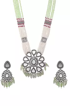 Silver Plated White & Green Artificial Stone Studded Necklace Set