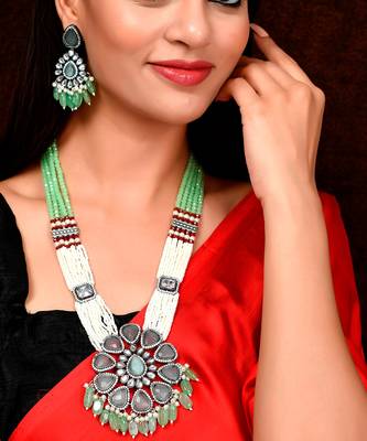 Silver Plated White & Green Artificial Stone Studded Necklace Set 1